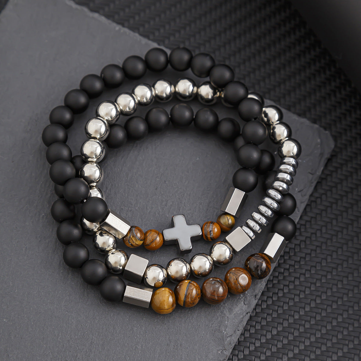 Wholesale New Men's Beaded Cross Bracelet Set